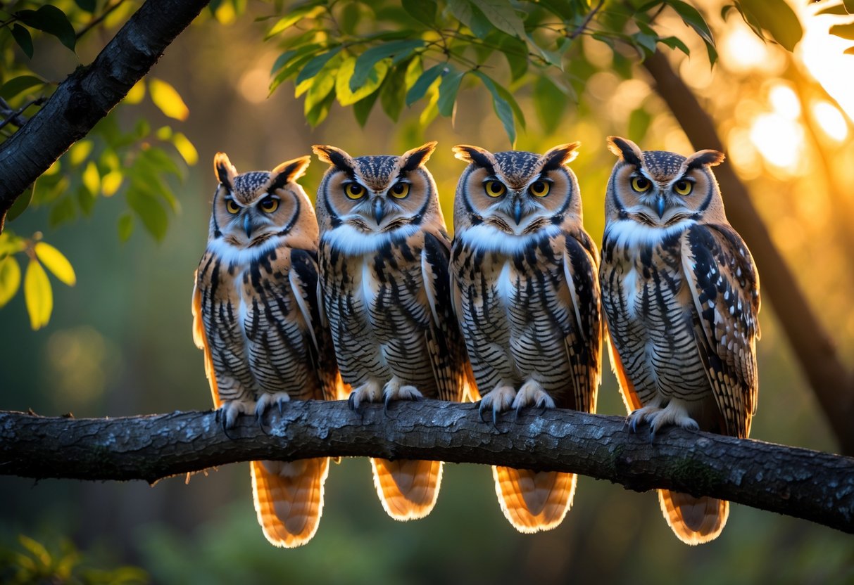 A group of owls sitting closely together on a tree branch in a forest with sunlight filtering through the leaves.