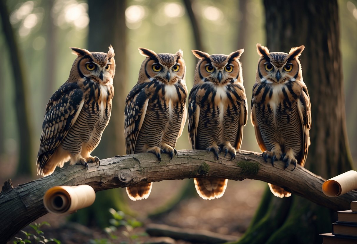 A group of owls perched on branches in a forest setting, surrounded by subtle symbols of wisdom and knowledge.