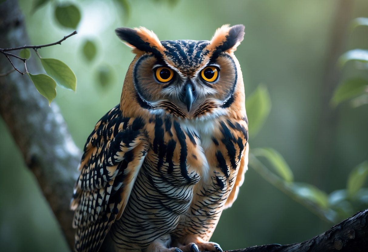 Close-up of an owl perched on a tree branch staring directly ahead with green foliage in the background.