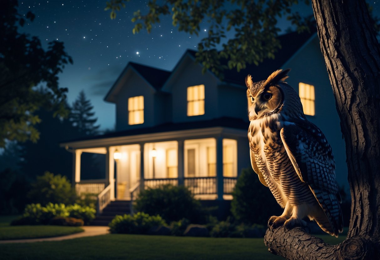 An owl perched on a tree branch near a softly lit house at night.
