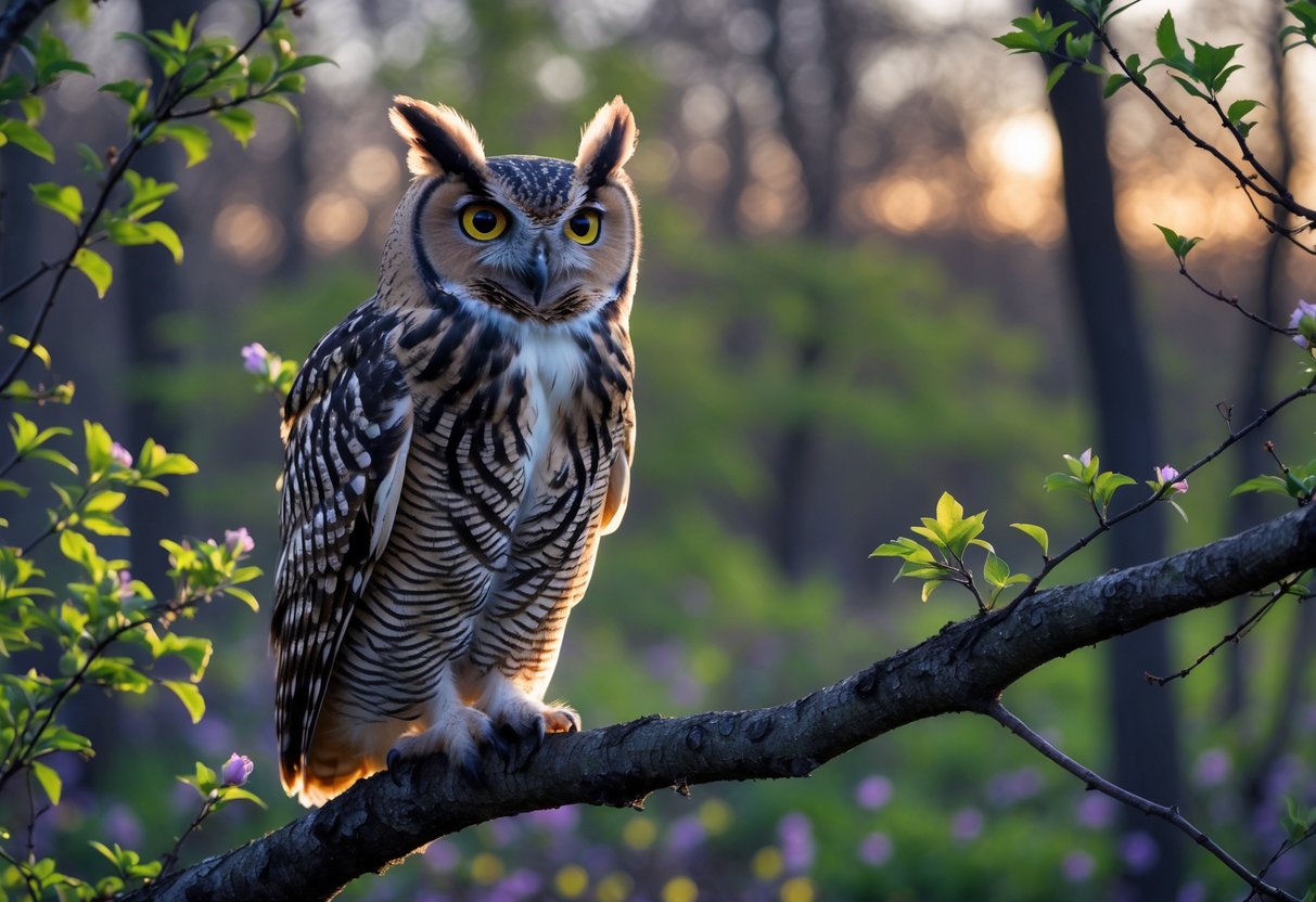 An owl perched on a tree branch at dusk in early spring, with fresh green leaves and flowers in the background.
