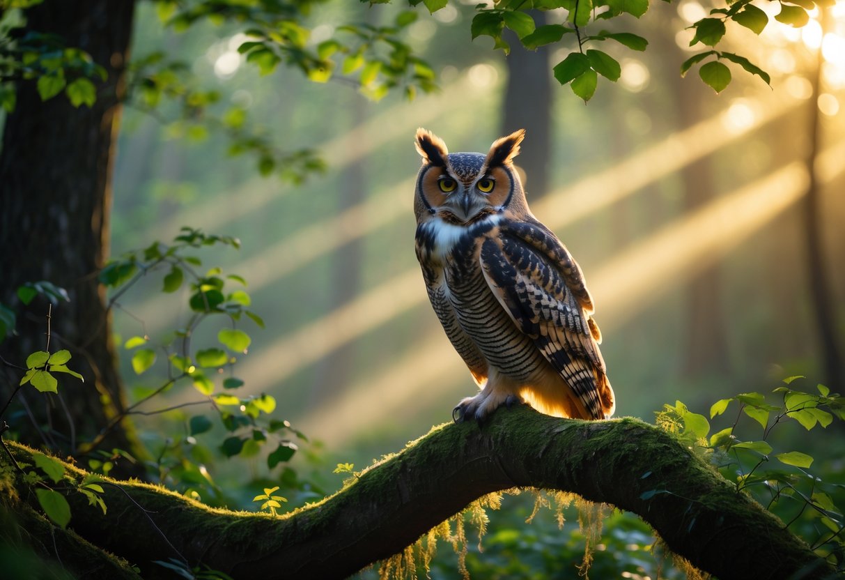 An owl perched on a tree branch in a peaceful forest with sunlight filtering through the leaves.