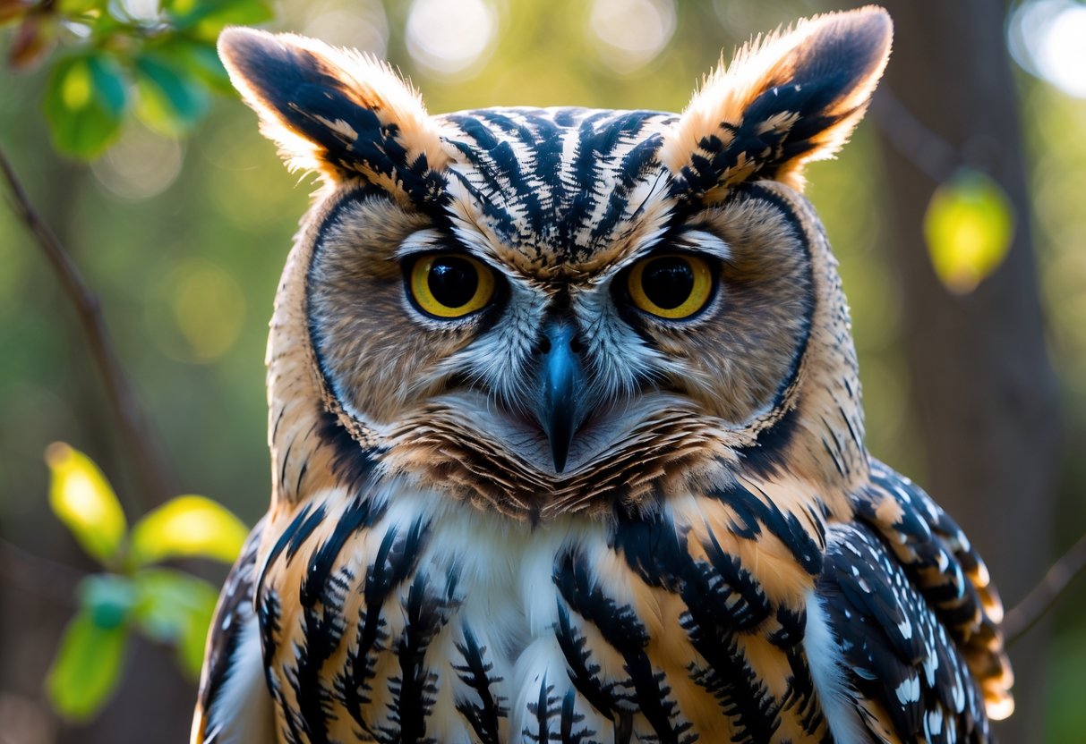Close-up of an owl staring directly forward with a blurred forest background.