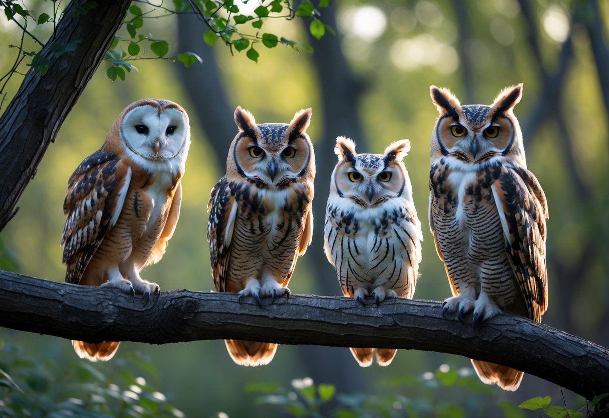 Several different species of owls perched on branches in a forest, all staring directly forward with intense eyes.