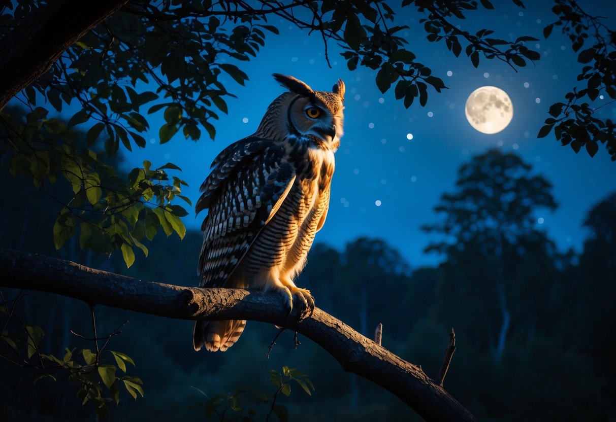 An owl perched on a tree branch at night with its beak open as if calling, surrounded by a dark forest and moonlight.