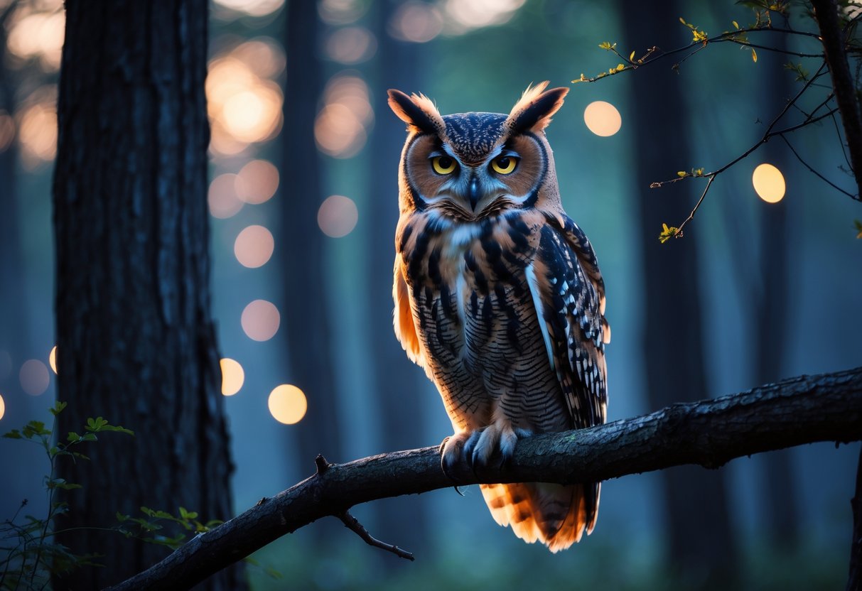 An owl perched on a tree branch in a misty forest at dusk, with glowing light filtering through the trees.