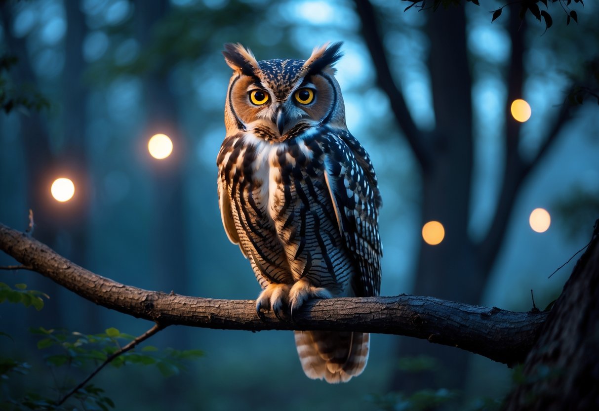 A majestic owl perched on a tree branch in a misty forest at dusk, with glowing eyes and soft light around it.
