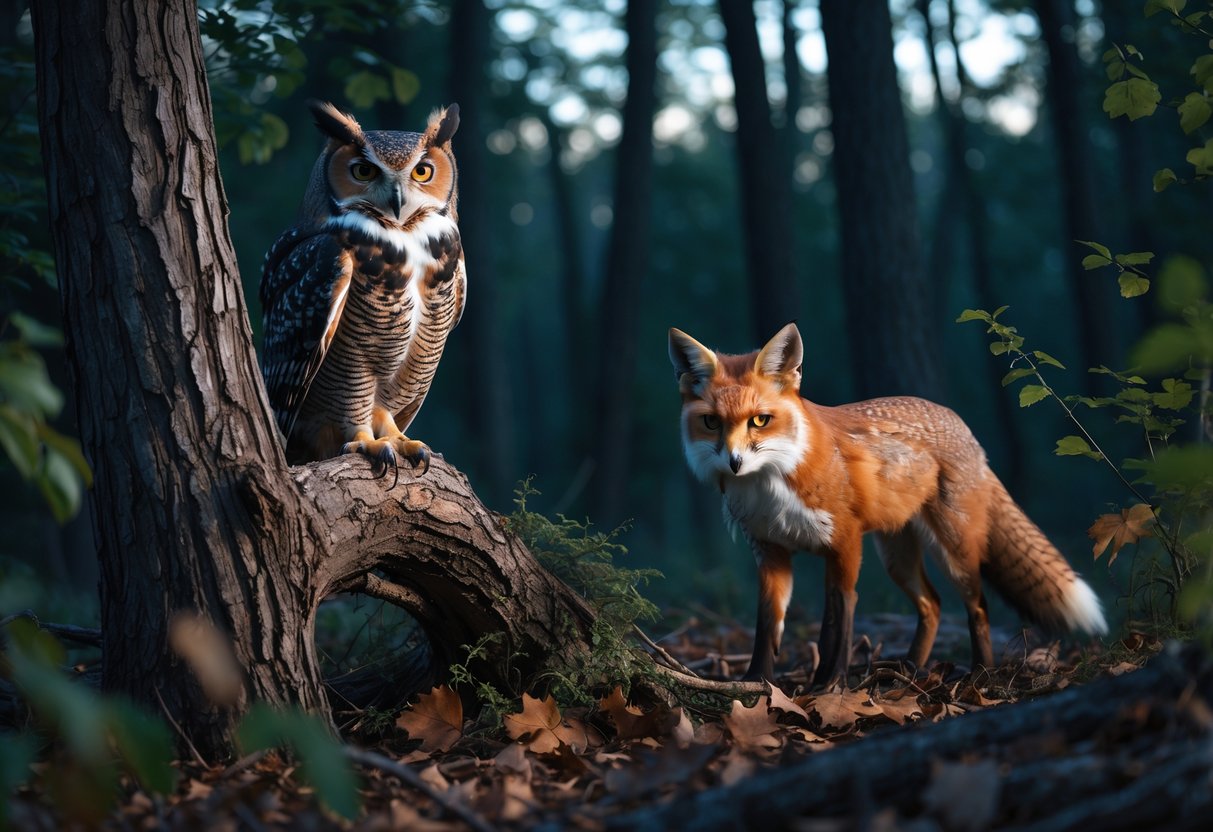 A great horned owl perched on a tree branch with a red fox approaching stealthily nearby in a forest at twilight.