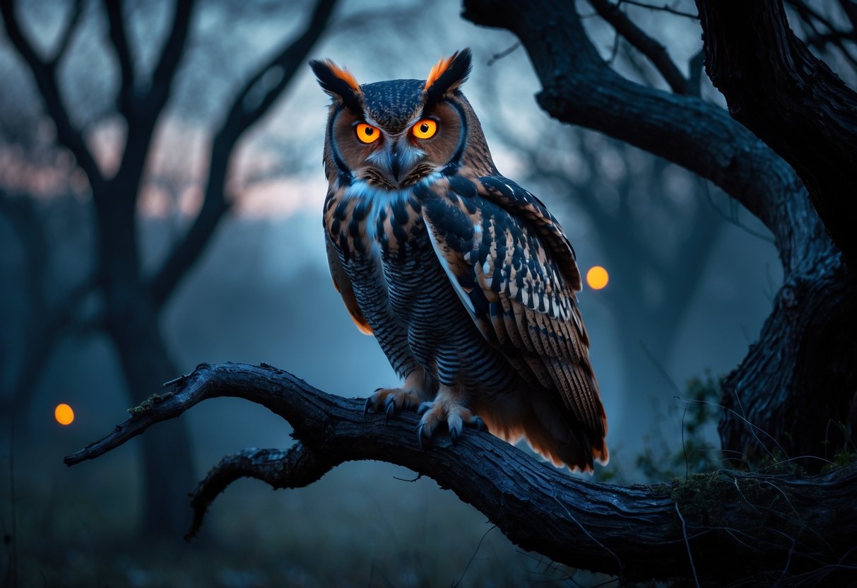 A majestic owl with glowing amber eyes perched on a twisted tree branch in a misty forest at dusk.