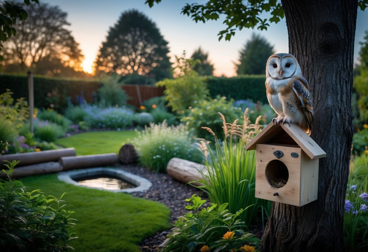 A peaceful garden at twilight with an owl nesting box on a tree and a barn owl perched on a branch surrounded by plants and a small water feature.