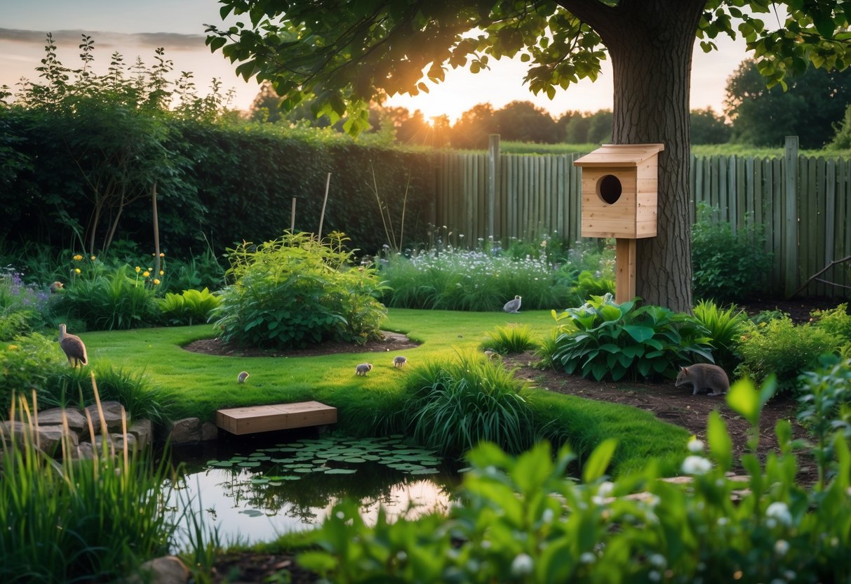 A peaceful UK garden with trees, plants, a wooden owl nesting box, and a small pond surrounded by wildflowers.