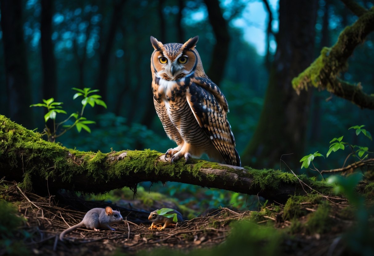 A British owl perched on a mossy tree branch in a forest with small prey like a mouse and insects nearby.