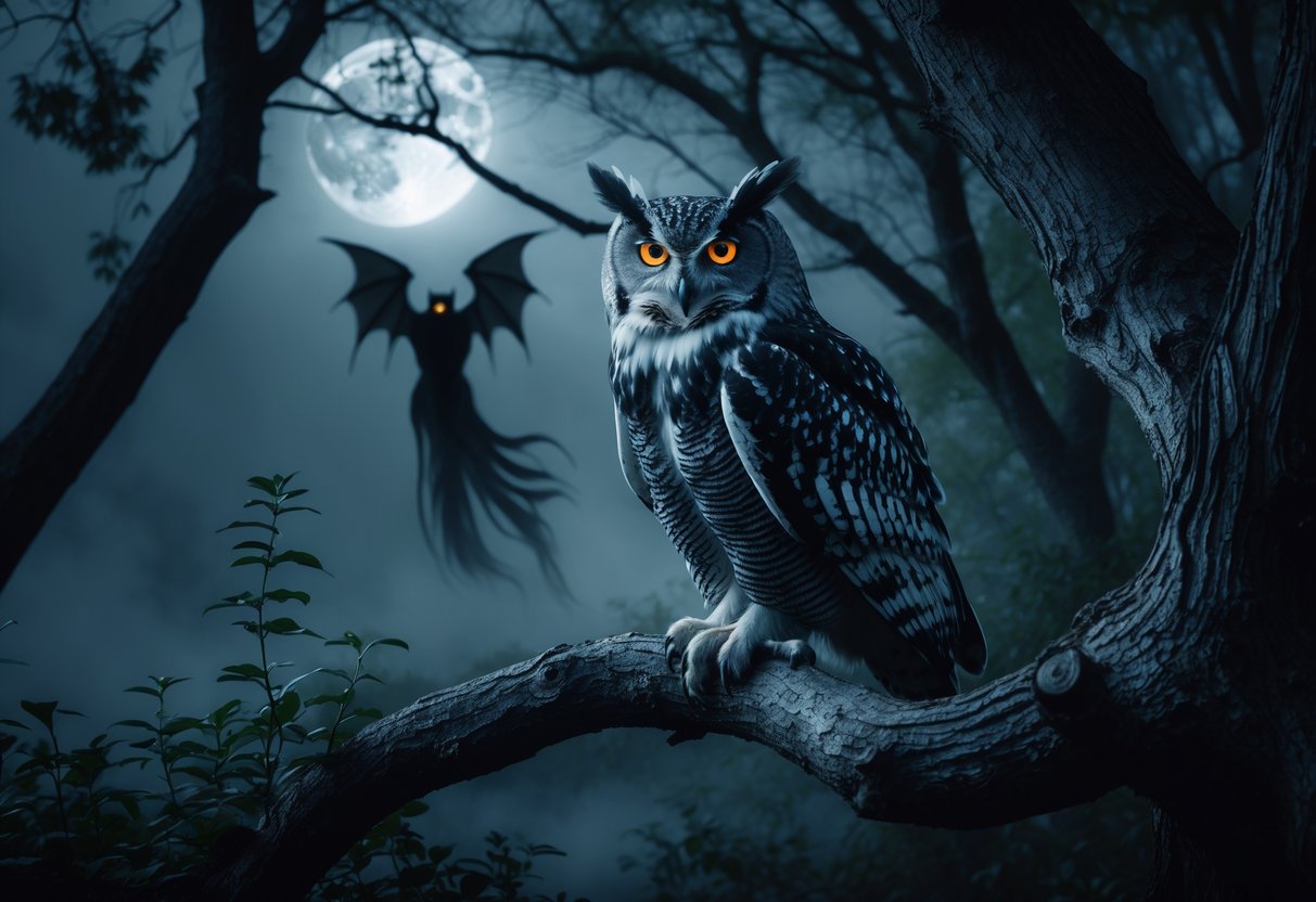 A large owl with glowing eyes perched on a tree branch in a dark, misty forest with a faint shadowy demonic figure in the background.