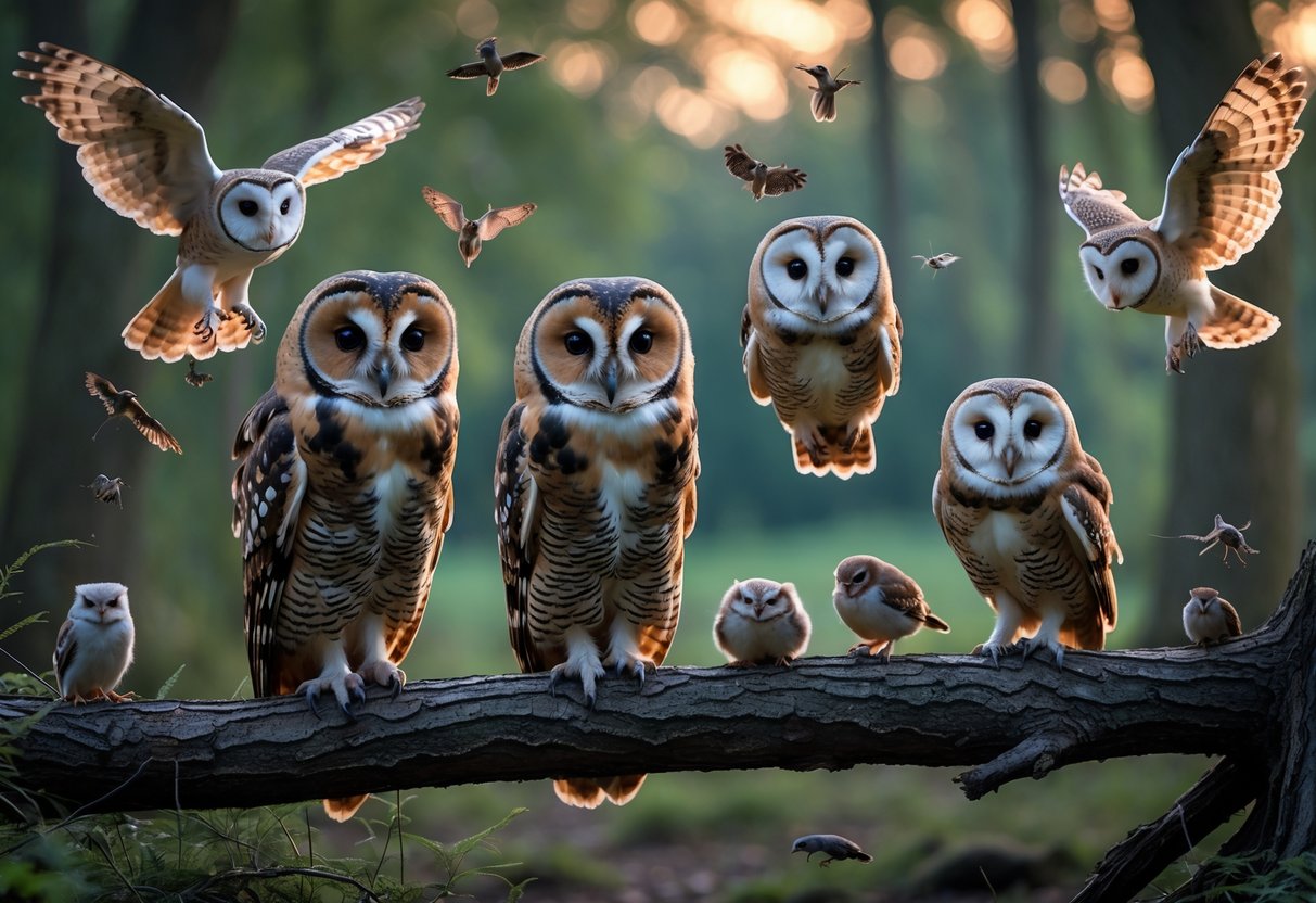 A group of different British owls perched and flying in a forest with small mammals and insects nearby, illustrating their typical diet.