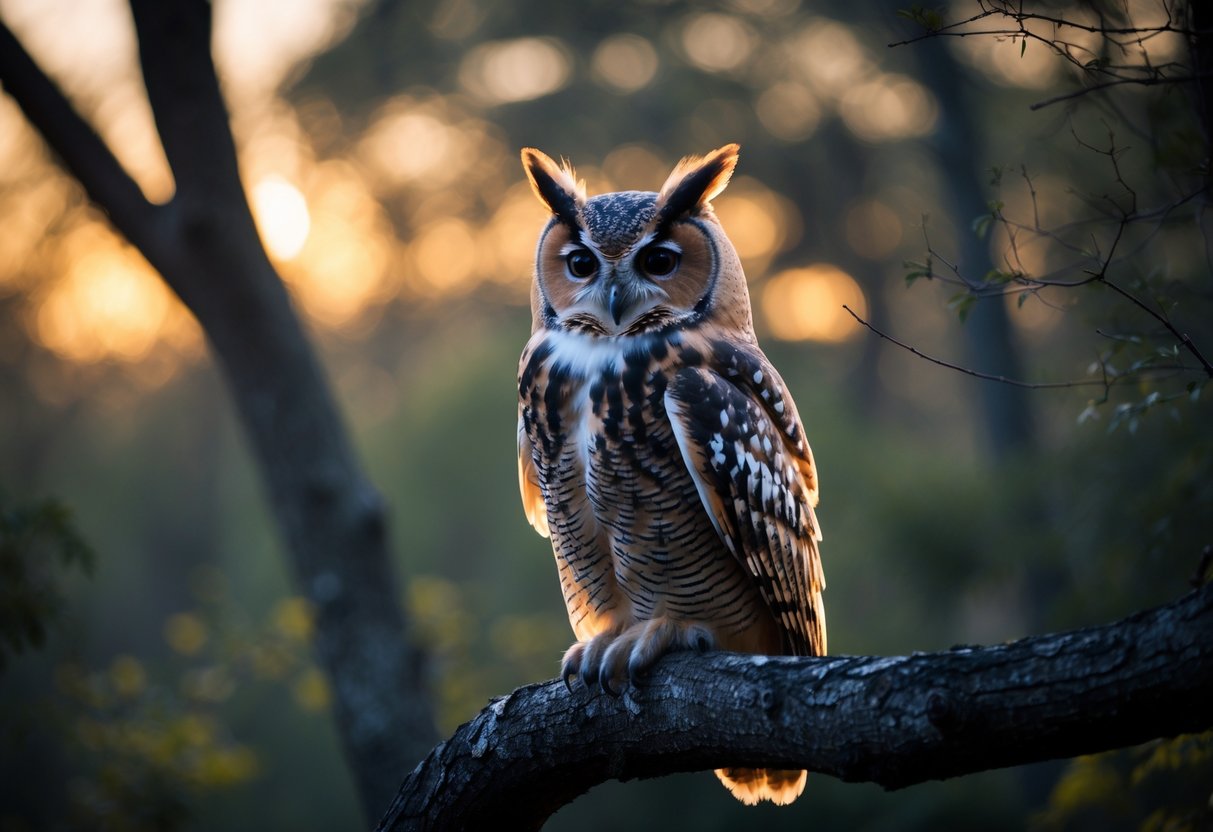 An owl perched on a tree branch in a forest at twilight, looking alert and calm.