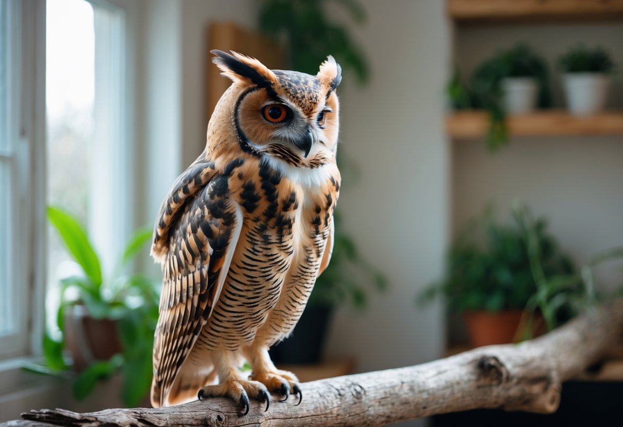 A tawny owl perched on a wooden branch inside a cozy indoor room with natural light and houseplants.