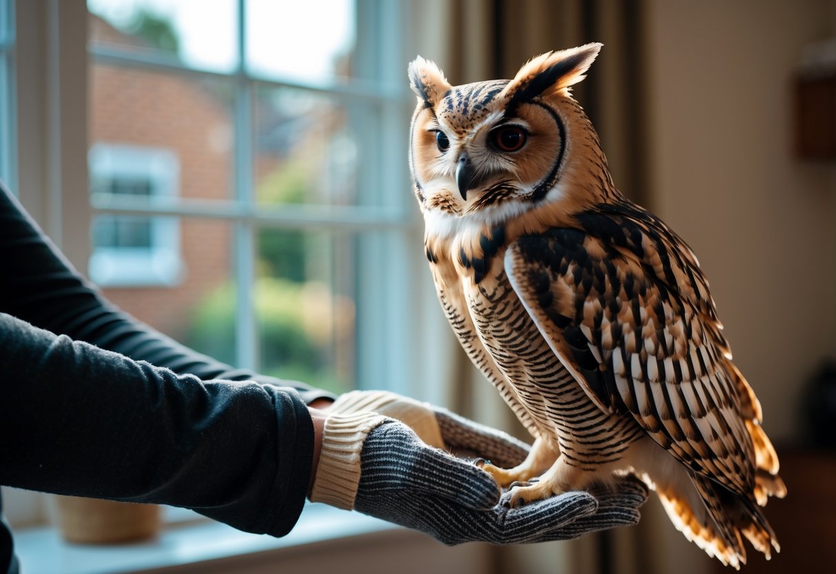 A person gently holding an owl perched on their gloved hand inside a home with a window showing a garden outside.