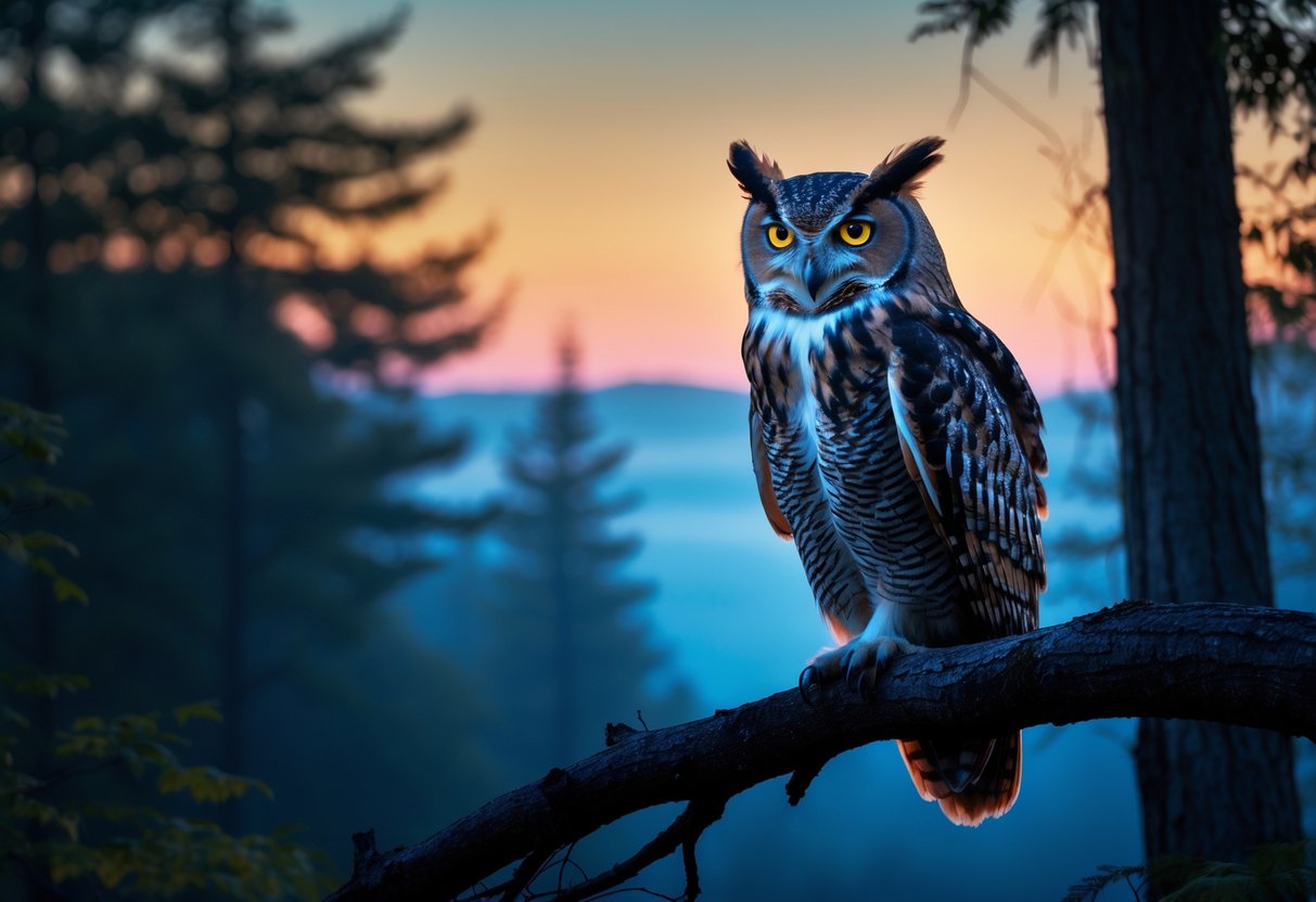 An owl perched on a tree branch in a forest at twilight with glowing eyes and detailed feathers.