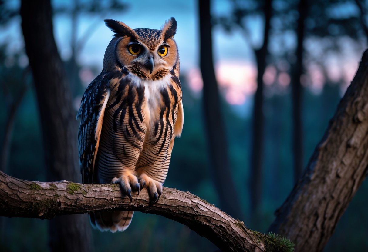 An owl perched on a tree branch in a forest at dusk, appearing to hoot.