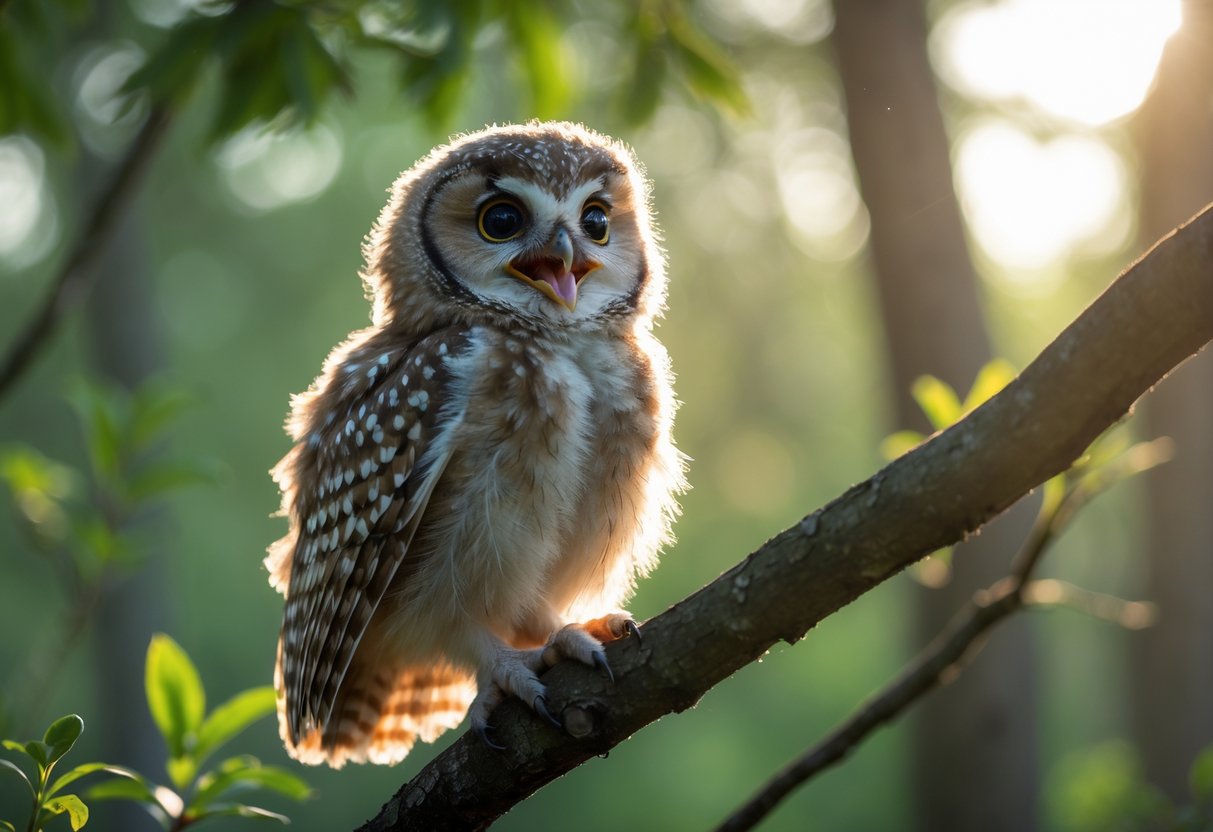 A young owl chick perched on a tree branch with its beak open as if calling out.