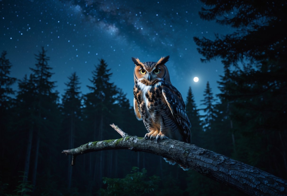 An owl perched on a tree branch in a quiet forest at night under a starry sky.