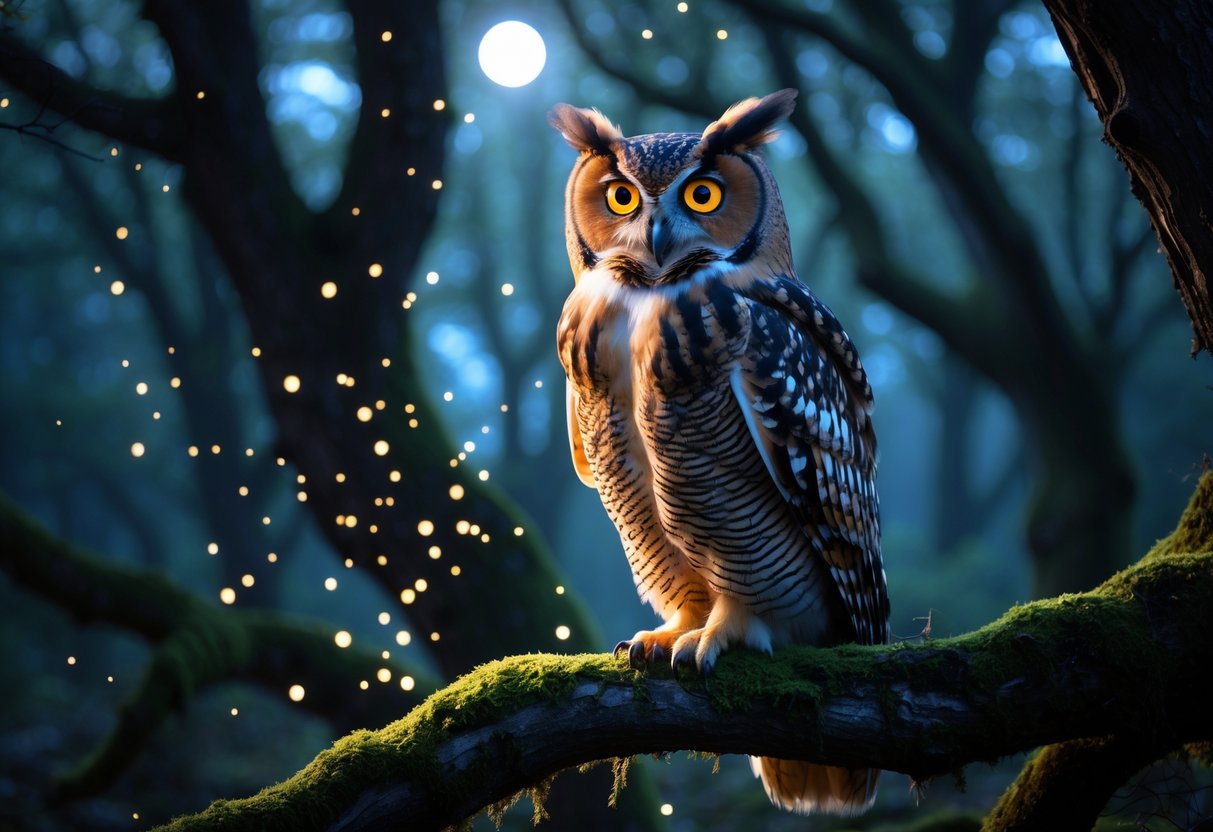 An owl with glowing eyes perched on a mossy branch in a twilight forest with soft glowing particles around it.