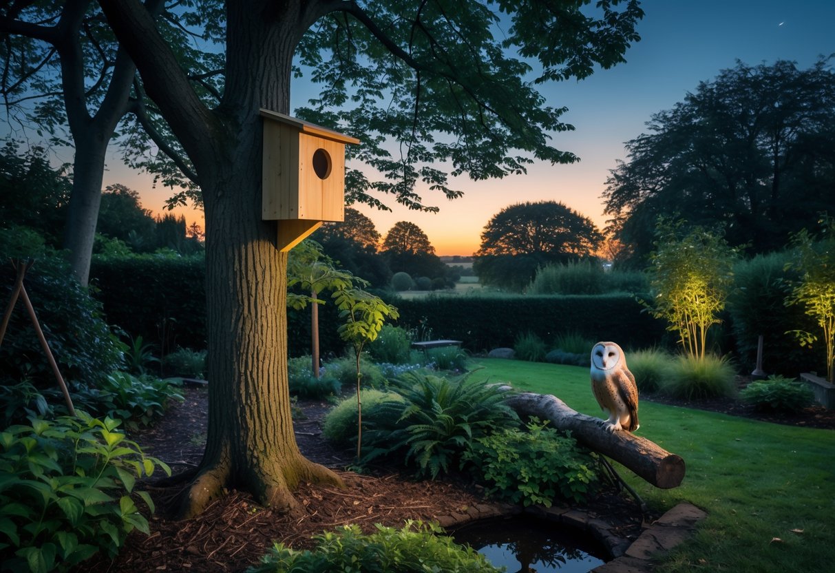 A quiet UK garden at dusk with trees, a wooden owl nesting box on a tree, and a barn owl perched on a branch nearby.