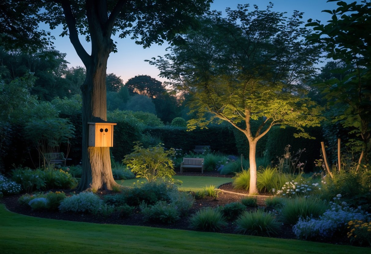 A quiet UK garden at dusk with trees, an owl nesting box, native plants, and an owl perched on a branch.