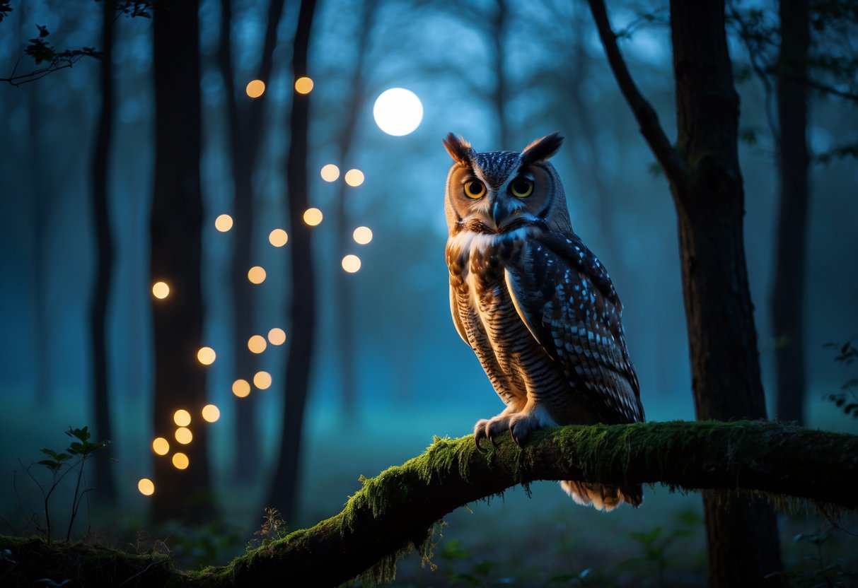 An owl perched on a tree branch at night in a misty forest with glowing light around it.