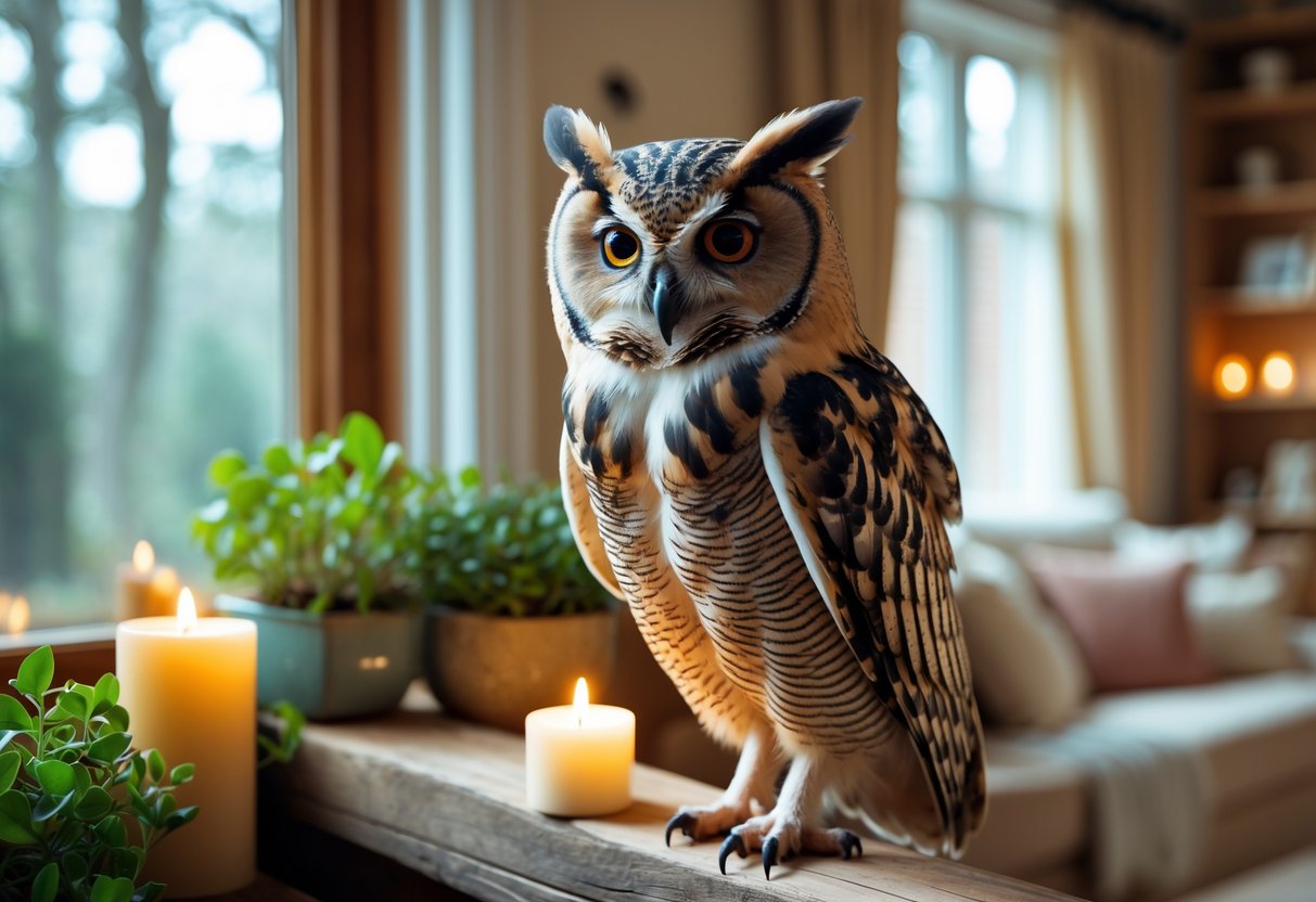 An owl perched inside a cozy home near a window with plants and warm decor around it.