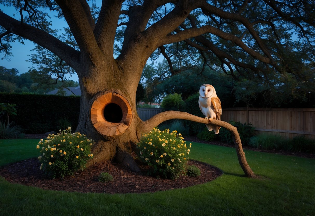 A barn owl perched on a tree branch in a garden at dusk with flowering shrubs and a wooden fence in the background.