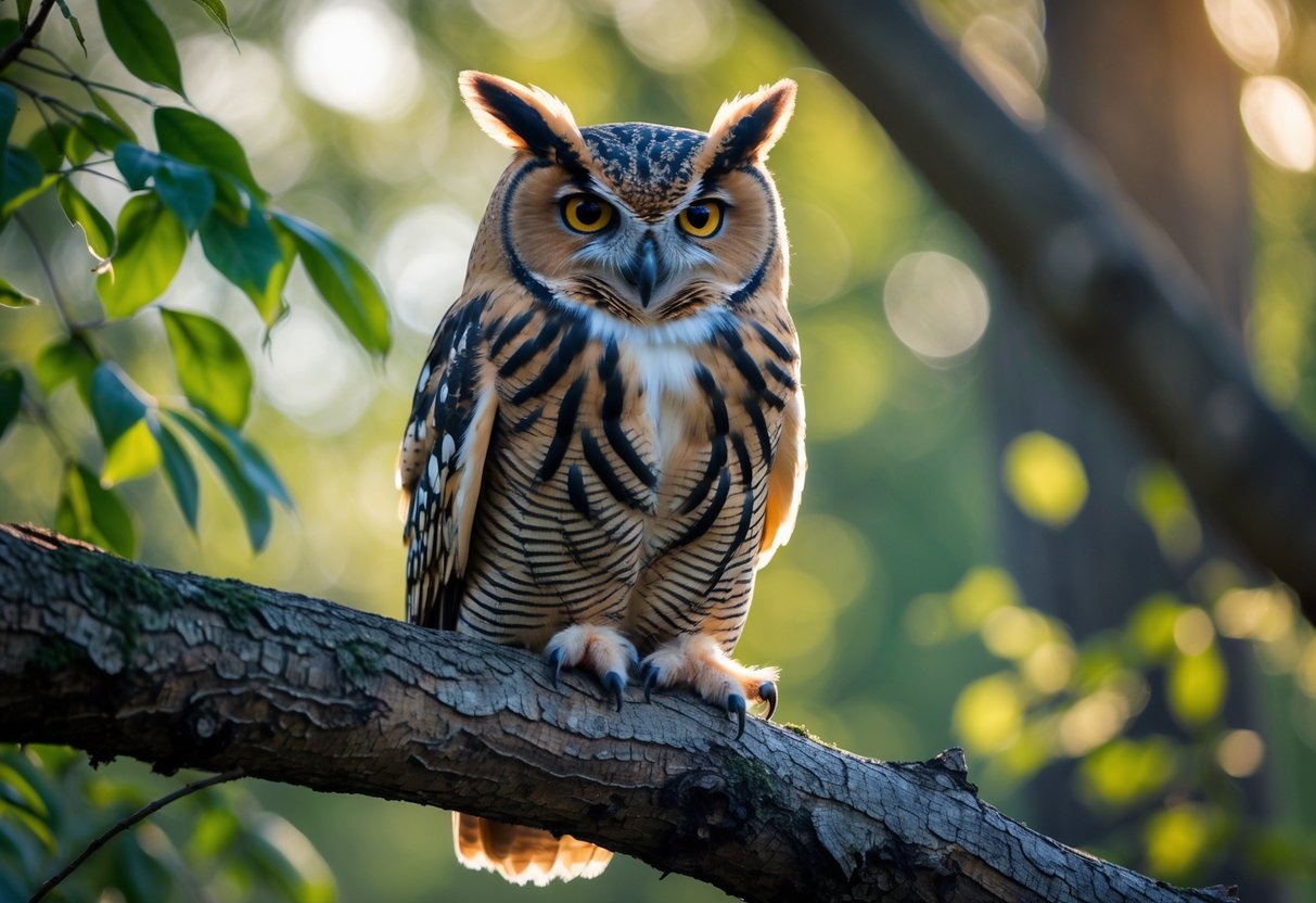 A close-up of an owl perched on a tree branch in a forest, looking directly ahead with sharp eyes.
