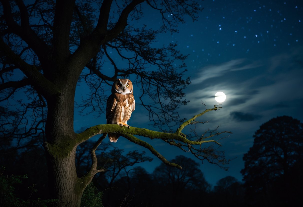 An owl perched on a tree branch in a dark forest at night with a starry sky and moonlight in the background.