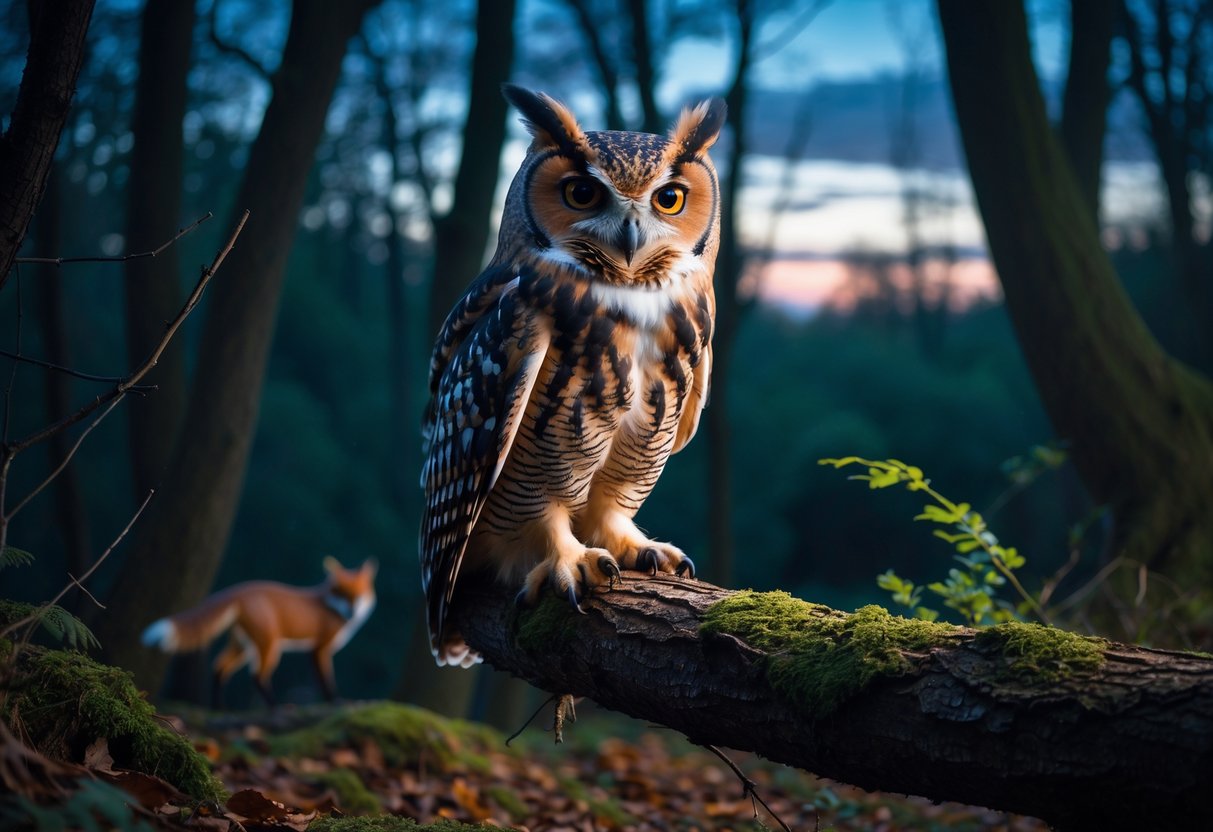 An owl perched on a tree branch in a forest with a fox hidden behind bushes and a hawk flying in the sky.
