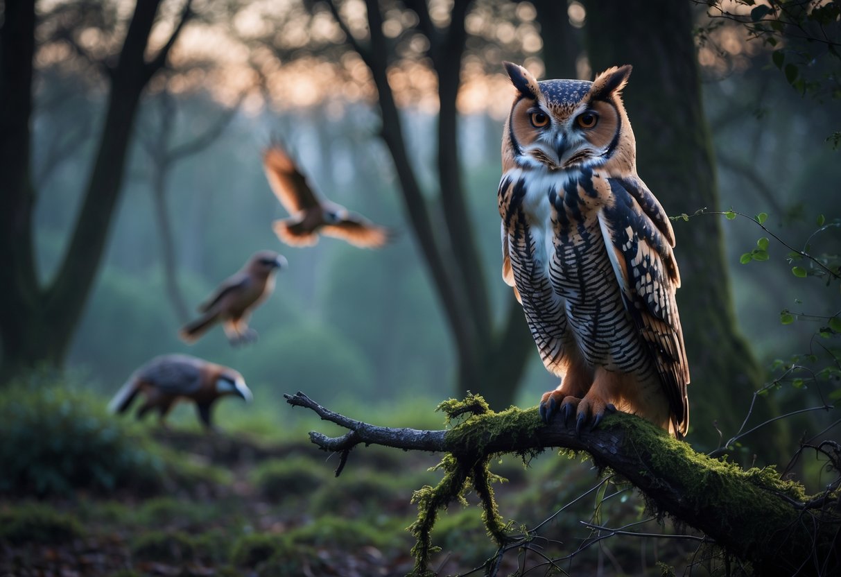 A UK owl perched on a tree branch in a woodland with a fox, a hawk, and a badger nearby.