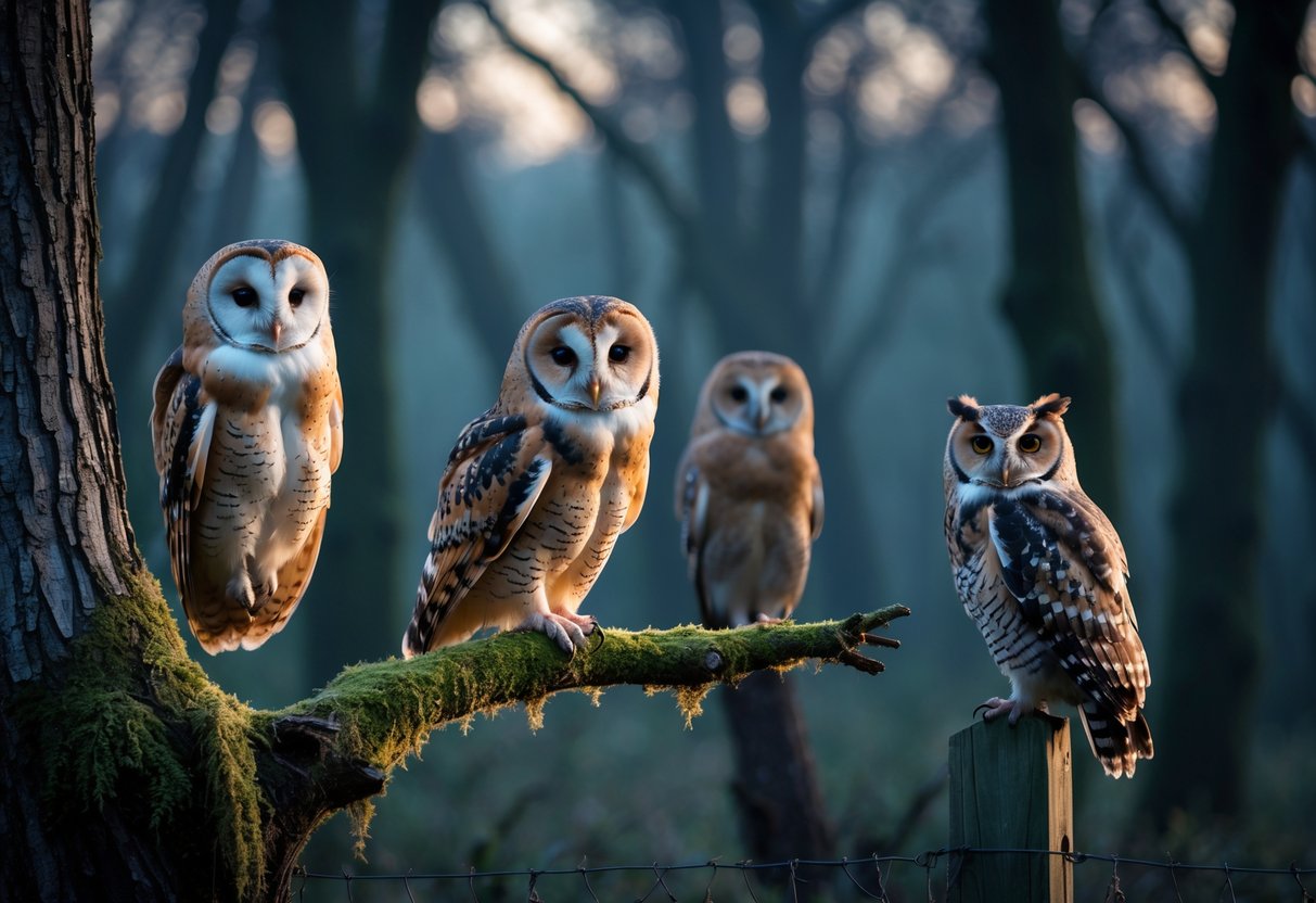 Several UK owl species perched in a misty forest at twilight, showing their natural camouflage and alert posture.