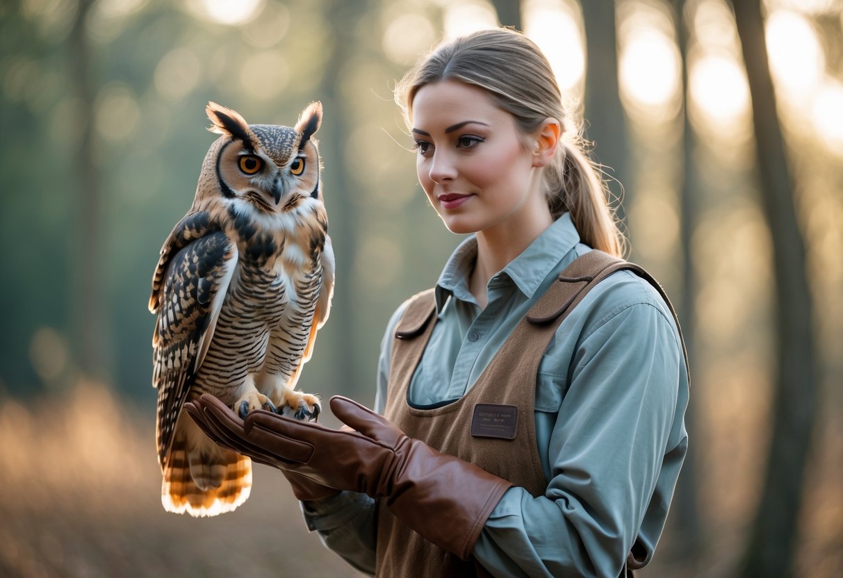 A woman gently holding an owl on her gloved hand outdoors in a forest setting.