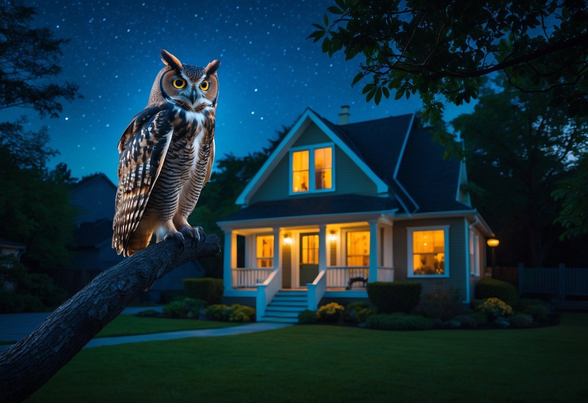 An owl perched on a tree branch near a house at night with warm lights glowing from the windows.