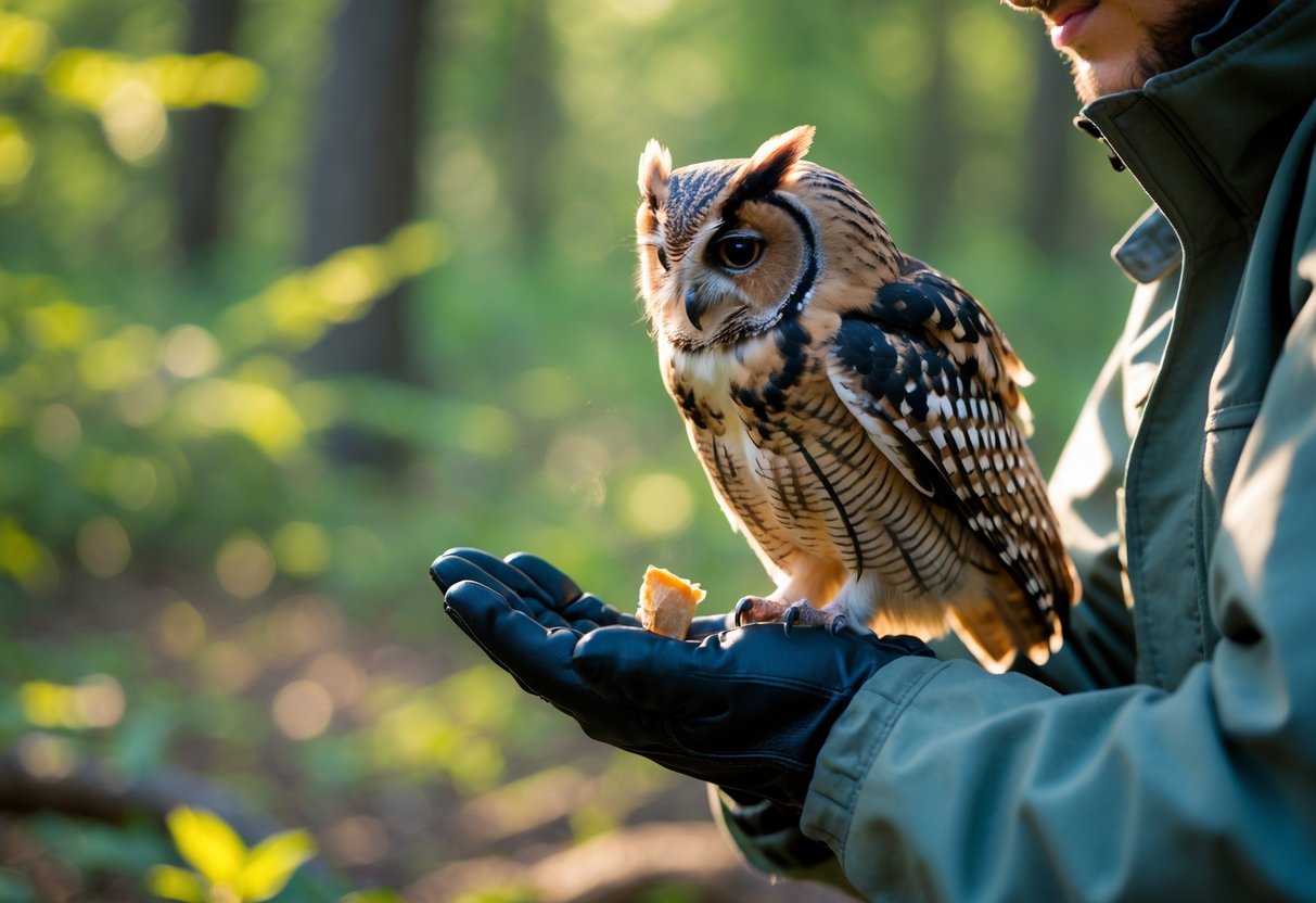 A person feeding an owl perched on their gloved hand in a forest.