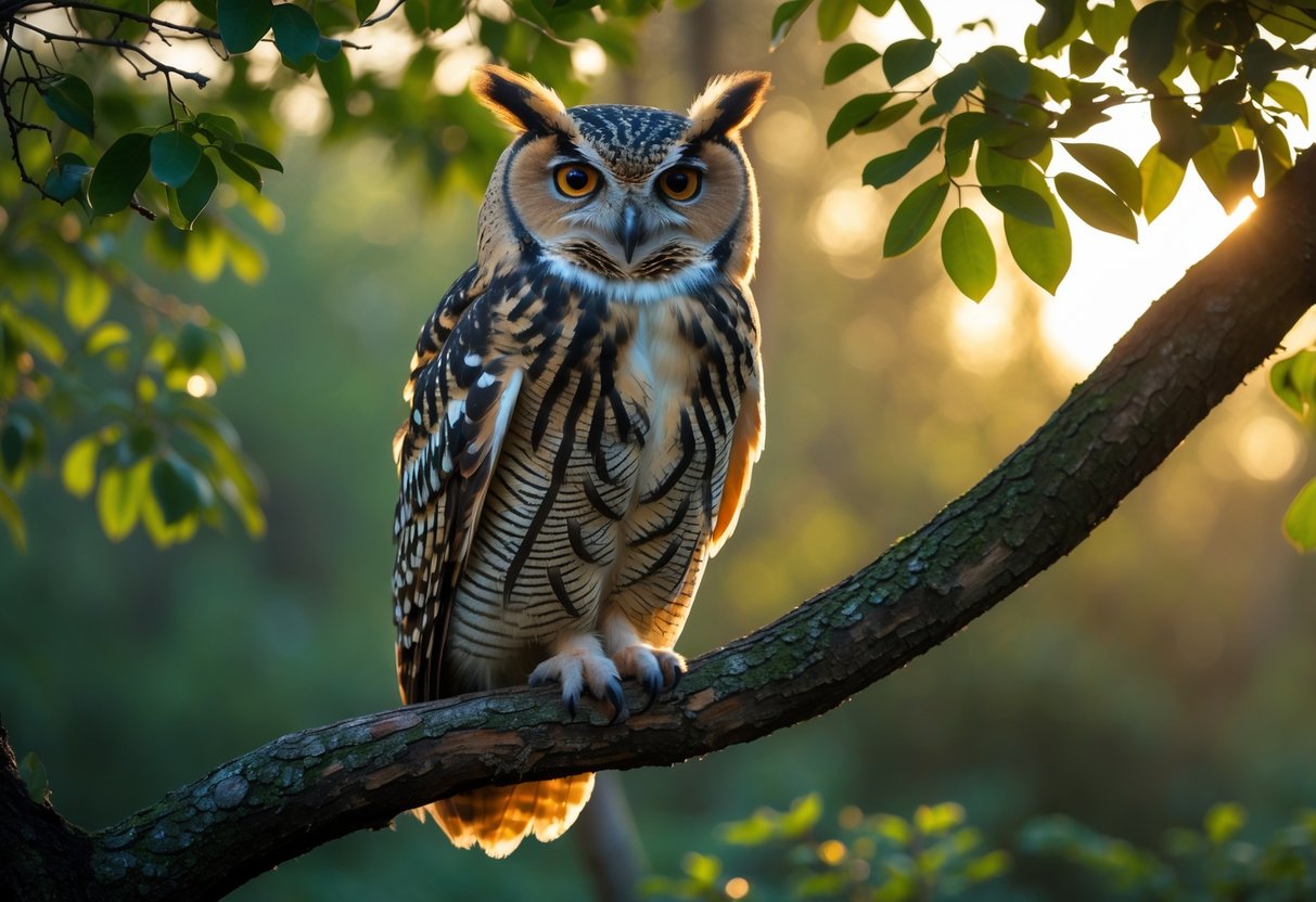 An owl perched on a tree branch in a forest with sunlight filtering through the leaves.