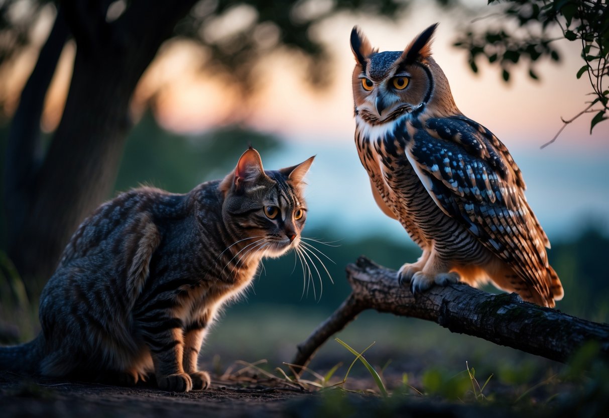 A cat cautiously watching an owl perched on a tree branch at dusk in a natural outdoor setting.