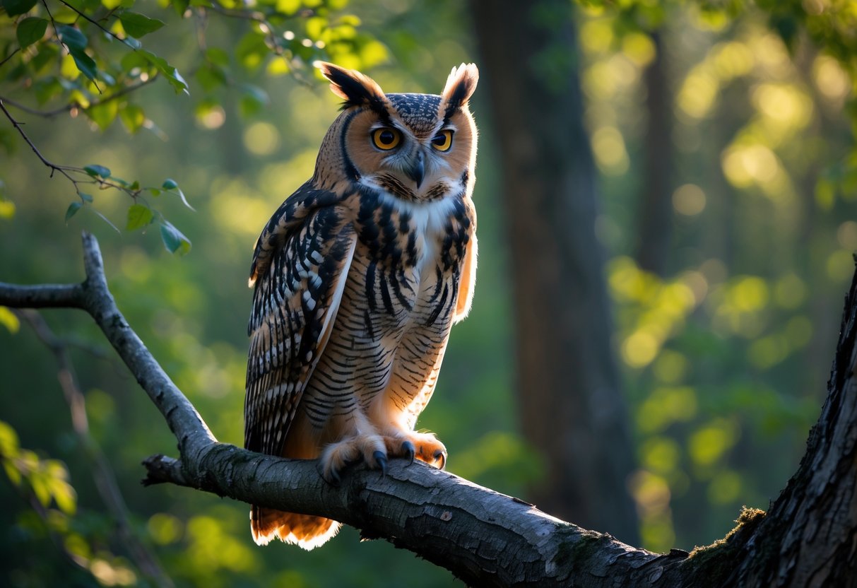 An owl perched on a tree branch in a forest with green leaves and sunlight filtering through.