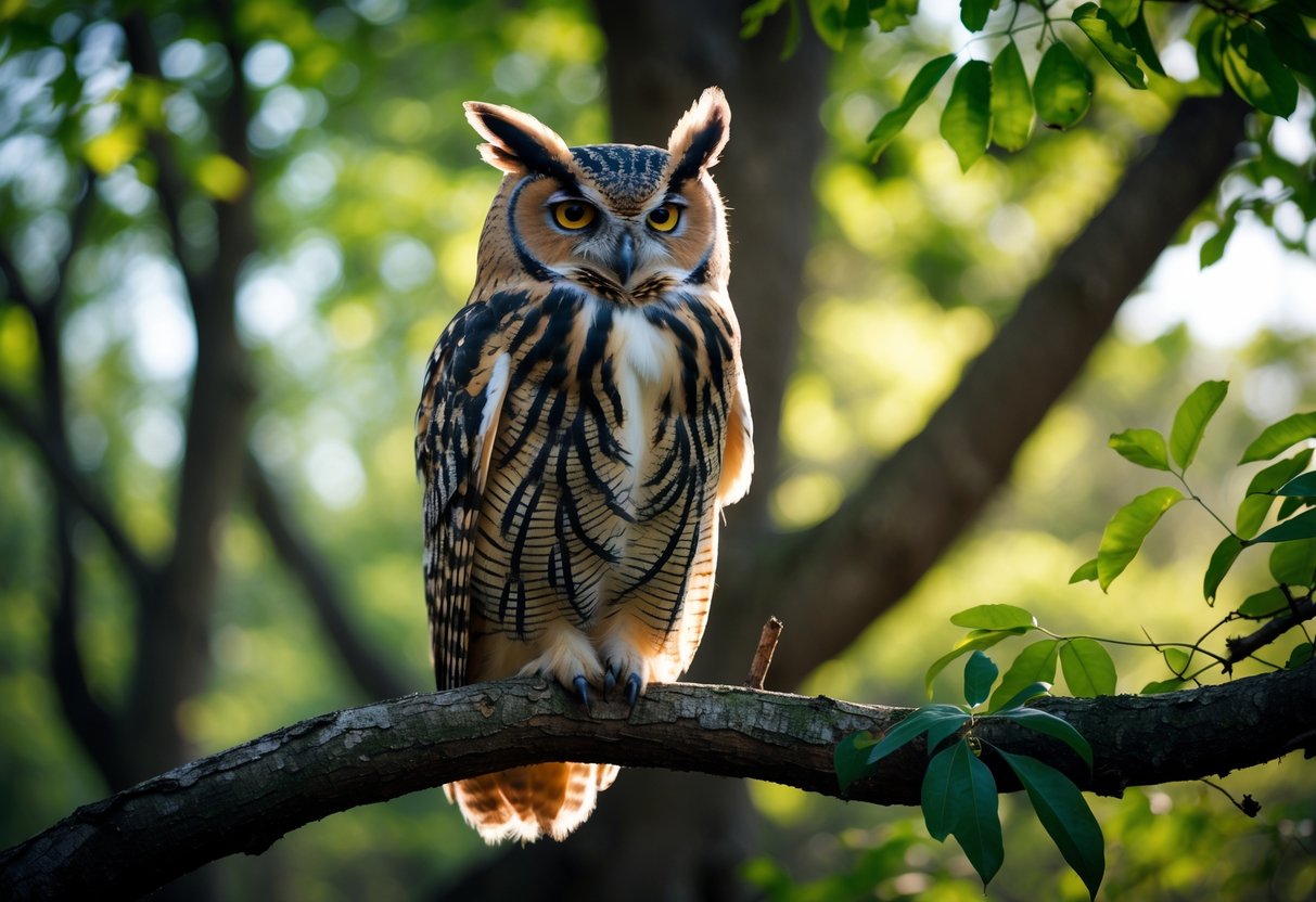 An owl perched on a tree branch surrounded by green leaves in a forest during the day.