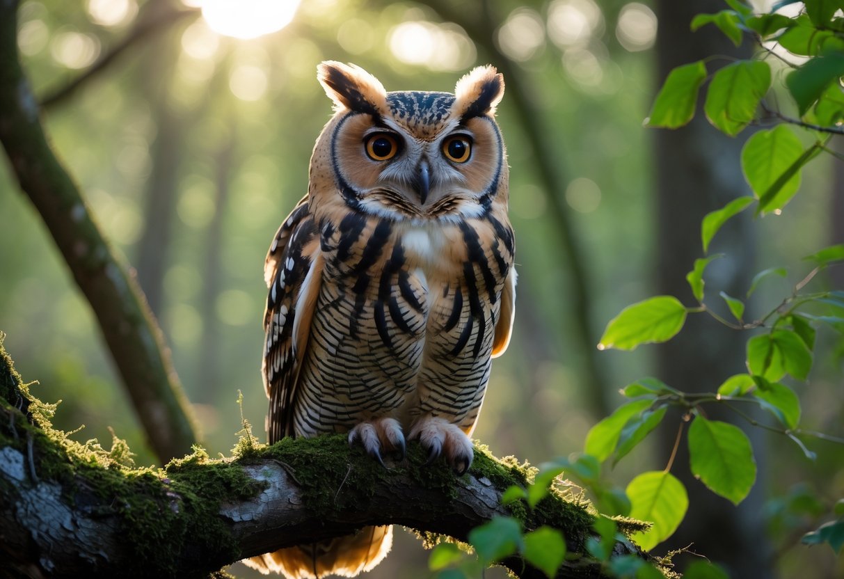 A tawny owl perched on a mossy tree branch in a British woodland with sunlight filtering through the leaves.