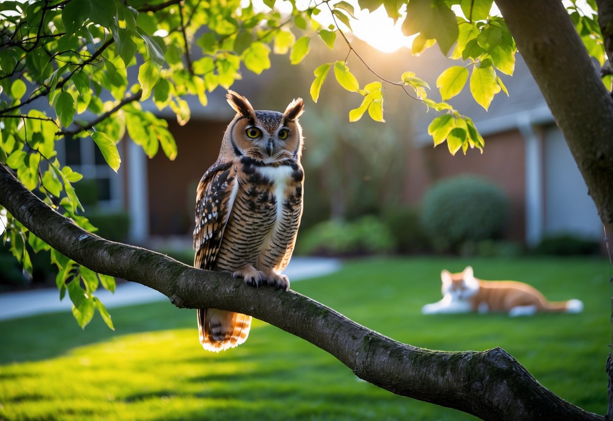 An owl perched on a tree branch in a backyard with a dog and a cat resting on the grass nearby.