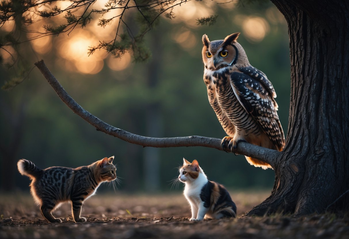 An owl perched on a tree branch looking down at a small cat and dog on the ground nearby in a forest at dusk.