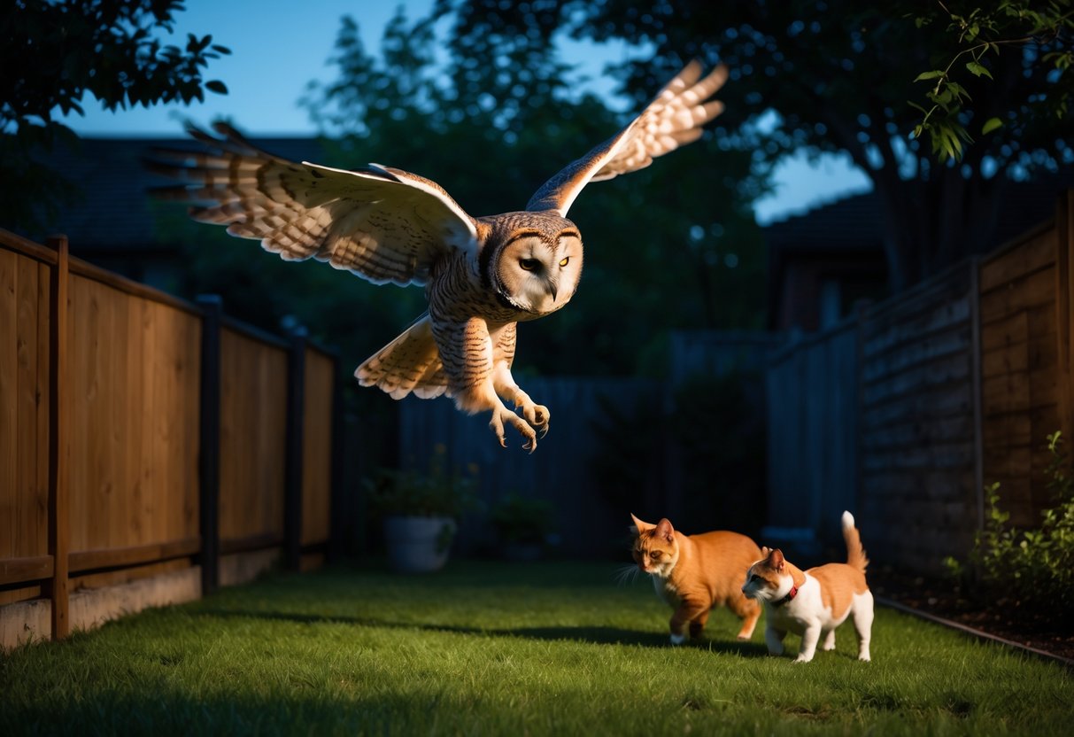 An owl flying low over a backyard where a cat and a dog watch it closely near a wooden fence and trees.