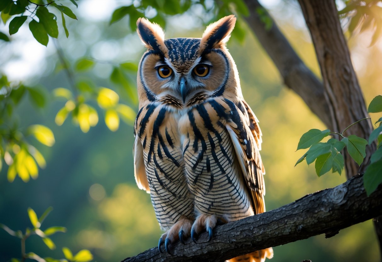A close-up of an owl perched on a tree branch in a forest with green leaves and sunlight filtering through.
