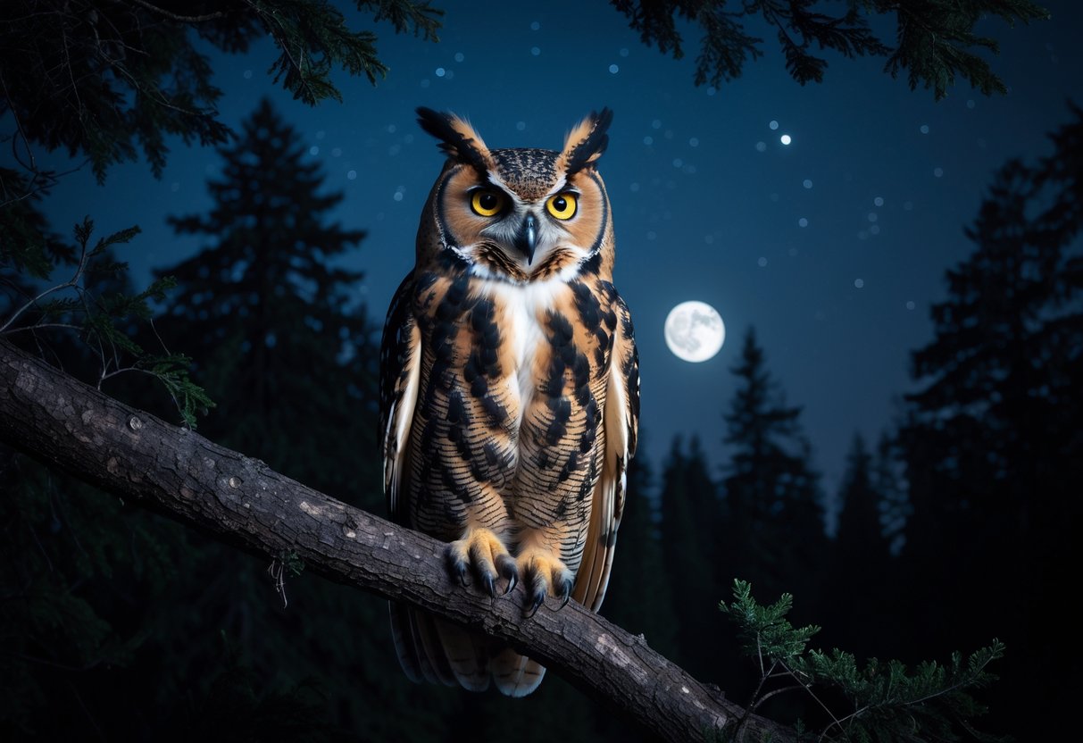 A great horned owl perched on a tree branch at night with its beak open in a dark forest under a starry sky.