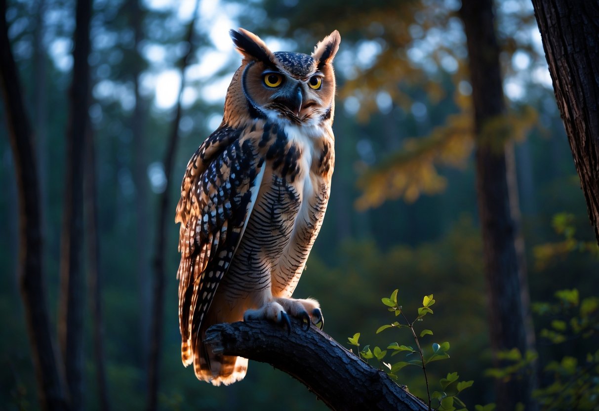 An owl perched on a tree branch in a forest at dusk, with its beak open as if hooting.